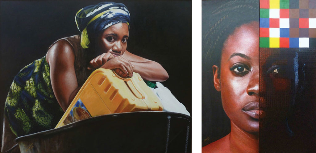Left: Jeremiah Quarshie, Yellow is the colour of water series I, 2013. Right: Jeremiah Quarshie, 32 Muses, 2013. Images courtesy of the artist and Gallery 1957, Accra. 