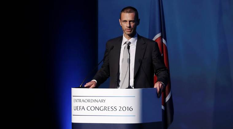 President of the Football Association of Slovenia and candidate for the UEFA presidency Aleksander Ceferin delivers a speech before the election for the new UEFA President in Athens