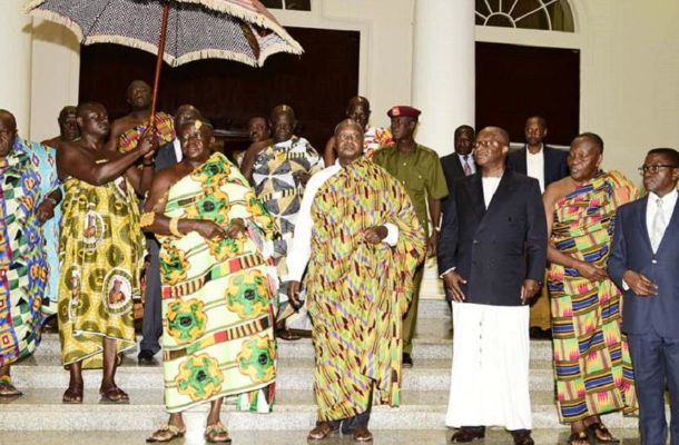 PHOTOS: Uganda's Museveni goes traditional as he hosts Ghana's Asantehene