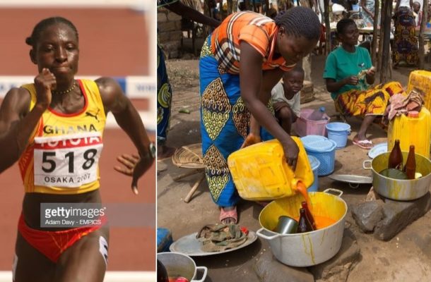 Bizarre: Ghana’s Heptathlete heroine Margaret Simpson now sells cooking oil for a living