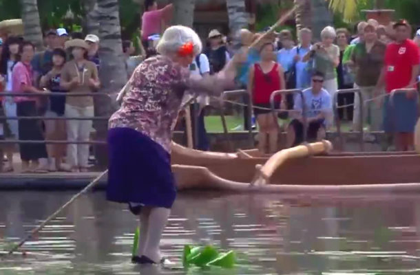 Video: Funny!!, Granny specialized in circus, thrills audience as she gets her hat back from a river.