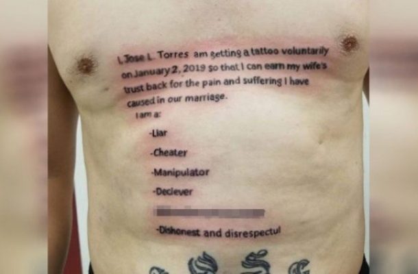 Man tries to “earn back wife’s trust” with horrendous chest tattoo