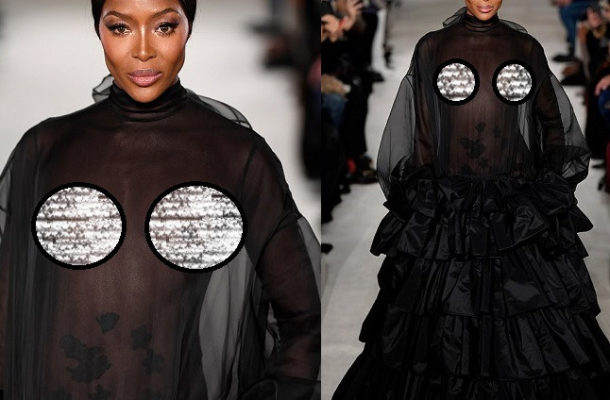 PHOTOS: Supermodel Naomi Campbell goes braless; flashes her nipples in a sheer dress on runway