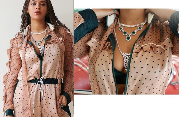 Beyonce flaunts her cleavage as she poses in a polka dot jumpsuit and diamonds in new sexy photos