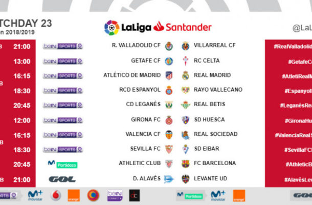 The kick-off times (CET) for Matchday 23 in LaLiga Santander
