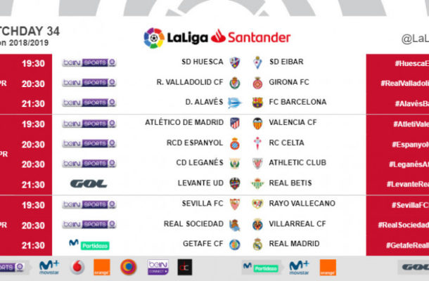 Kick-off times (CET) for Matchday 34 in LaLiga Santander 2018/19