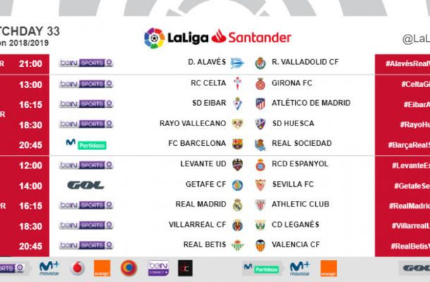 Kick-off times (CET) for Matchday 33 in LaLiga Santander 2018/19