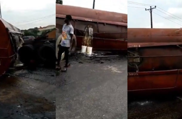 PHOTOS: Tanker filled with diesel falls on Otedola bridge, spills content across the road