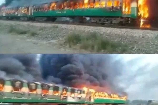 65 dead in Pakistan after a packed passenger train blew up and burst into flames
