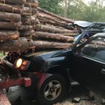 PHOTOS: Driver narrowly escapes death after his car was impaled by logs from truck