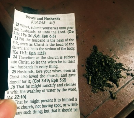 Woman tears out the part of the bible asking wives to submit, uses it to smoke weed