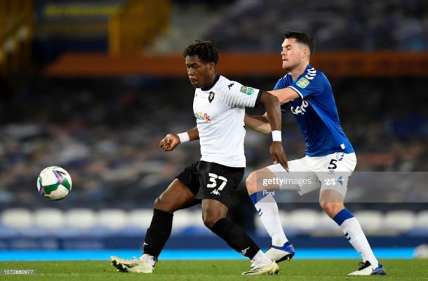 Thomas Asante plays for Salford City in Carabao Cup defeat to Everton
