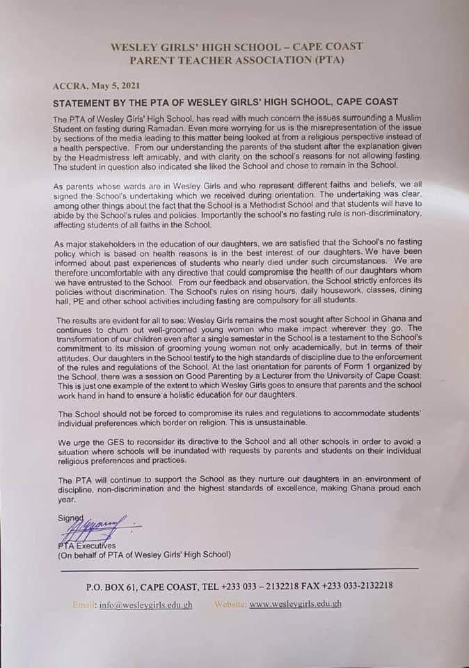 Wesley Girls PTA executives back school's Ramadan fasting ban 1 FB IMG 1620235059081