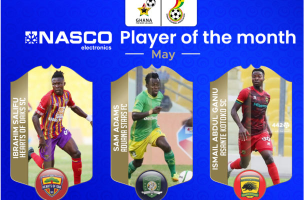 Salifu Ibrahim competes with Abdul Ganiu, Sam Adams for NASCO Player of the Month of May