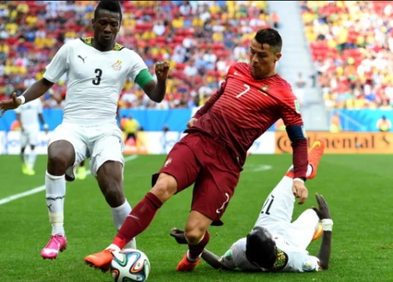 Asamoah Gyan reacts to Cristiano Ronaldo equaling his record