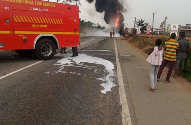 Fuel tanker fire on Accra-Kumasi highway leads to roadblock