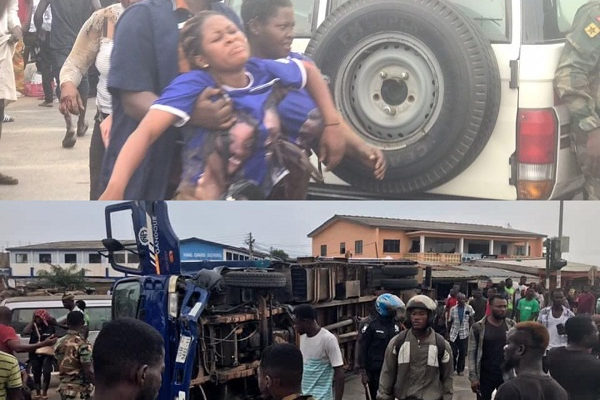 Sales truck overturns injuring several sales girls at Nungua (Photos)