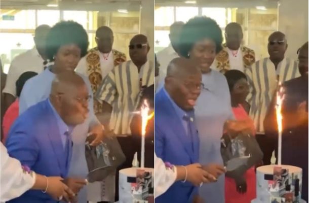 Watch hilarious moment Akufo-Addo attempted to blow out a cake sparkler on his 79th birthday