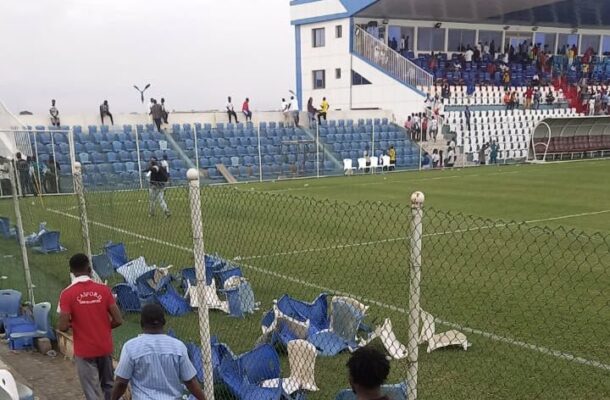 VIDEO: Watch irate Kotoko fans vandalize seats at Dr. Kwame Kyei Sports Complex
