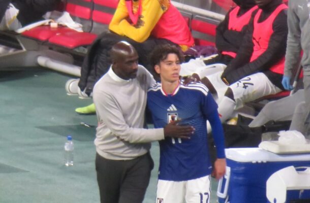 Japan midfielder Ao Tanaka apologises to Otto Addo after Abu Francis' injury