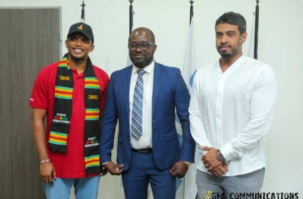Kurt Okraku congratulates Samuel Eto'o on his re-election as FECAFOOT President