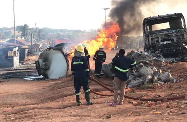 Fuel tanker overturns and explodes at Potsin junction, fire spreads to nearby house